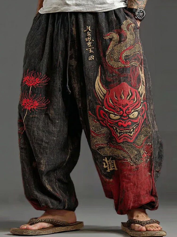 Men's Retro Japanese Red Spider Lily Pattern Linen Blend Pants