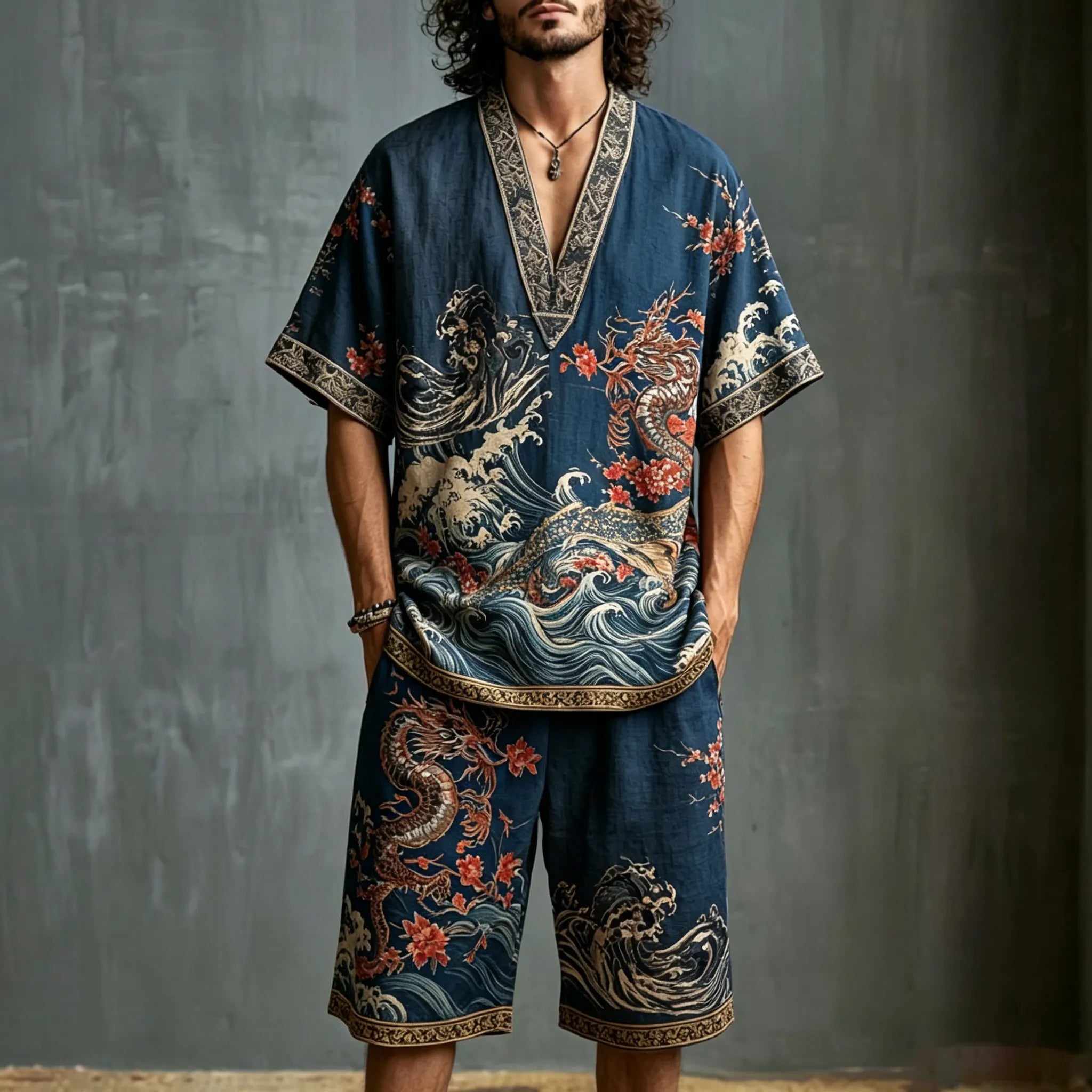 Men's Wave And Plum Blossom Design Cotton Linen V-neck Short-sleeve Shorts Two-piece Set