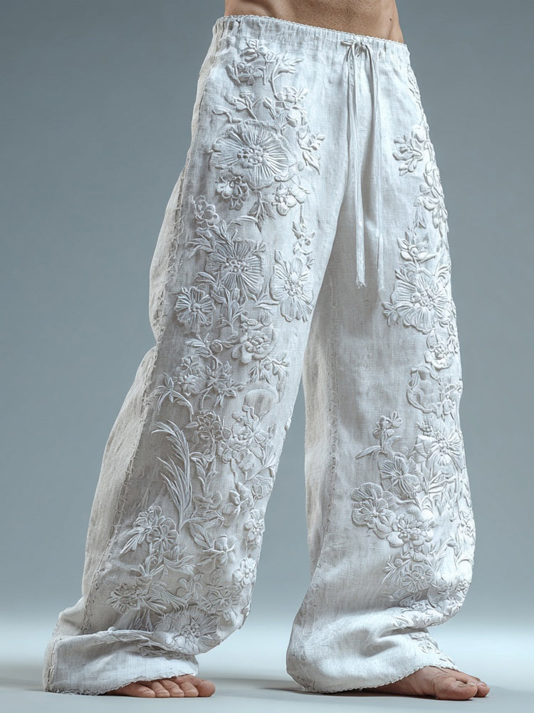 Men's Floral Lace Embroidered Comfy Linen Pants