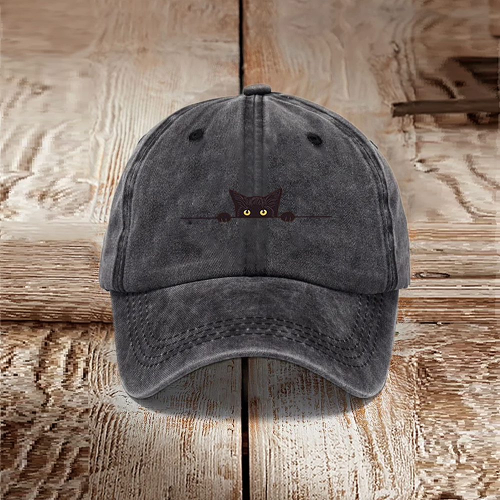 Japanese Art Black Cat Print Washed Hat
