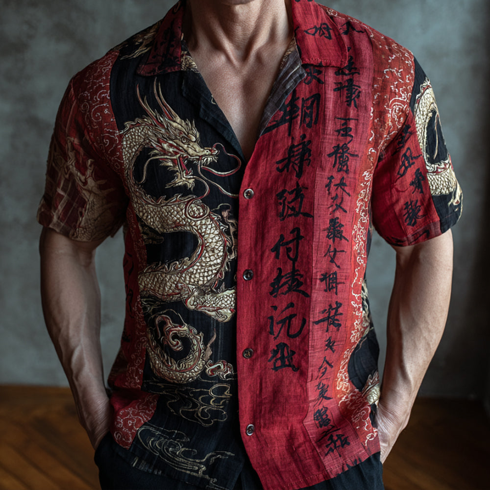 Japanese-style Dragon Totem Red And Black Spliced Cotton-linen Short Sleeve Shirt