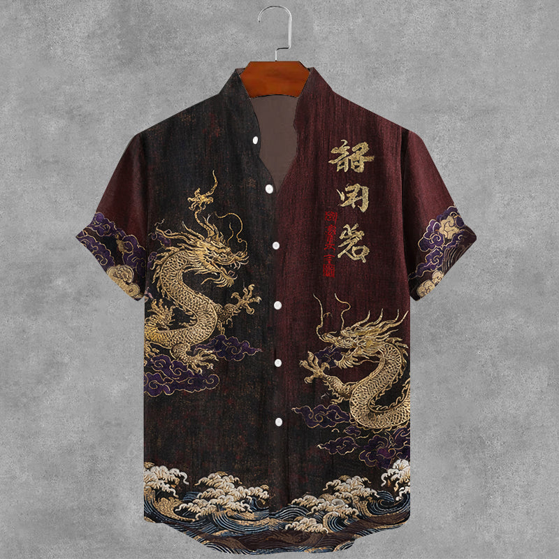 Men's Japanese Retro Dragon Art Casual Linen Shirt