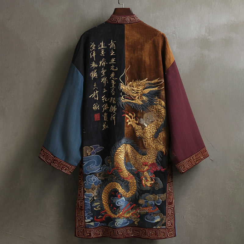 Japanese Style Retro Calligraphy Dragon Art Patchwork Flowing Kimono