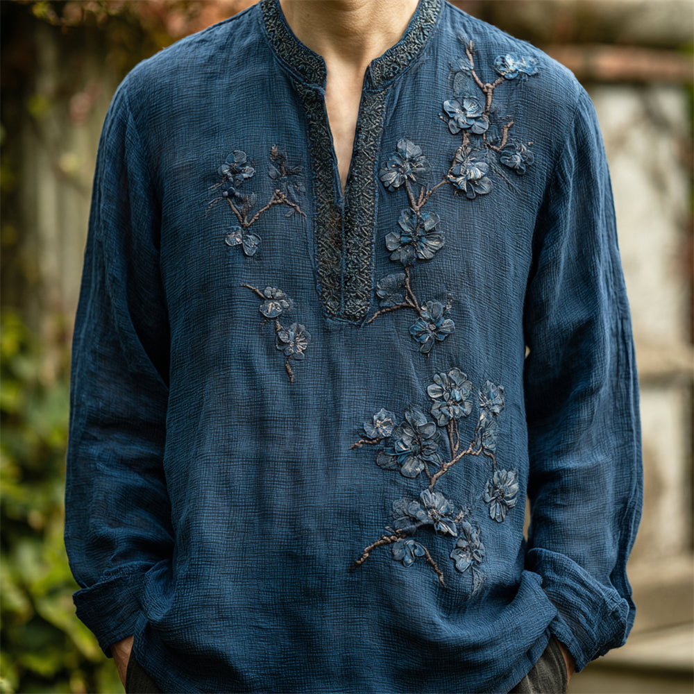 Boho Floral Embroidery Men's Linen Long Sleeve Shirt