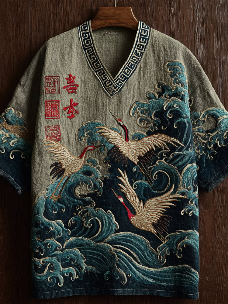 Men's Japanese Cranes & Sea Waves V Neck Linen Shirt