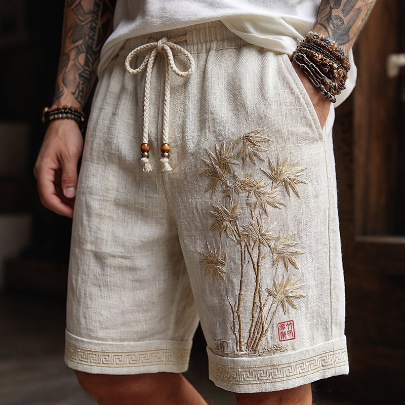Men's Japanese Bamboo Embroidery Art Linen Blend Casual Shorts