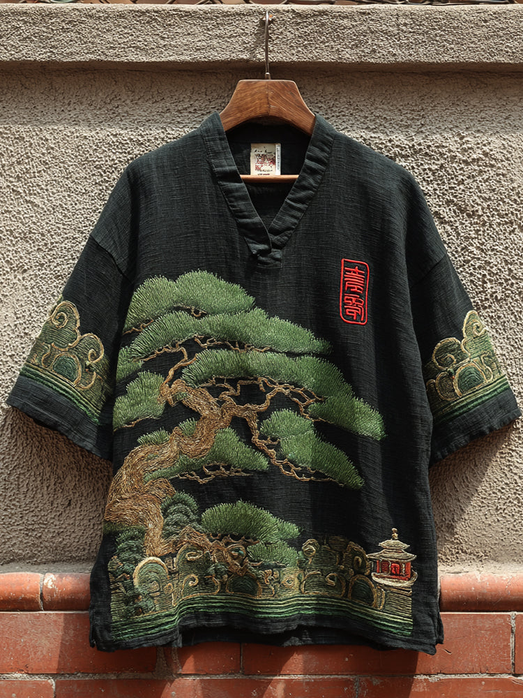 Men's Japanese Pine Tree Art V-neck Linen Blend T-shirt