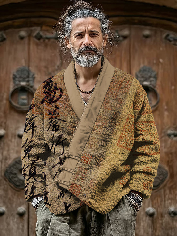 Men‘s Retro Calligraphy Art Print Cozy Fleece Kimono Cardigan