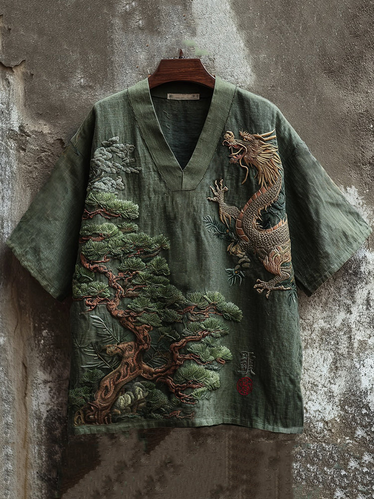 Vintage Dragon And Pine Tree Embroidery Art Linen Shirt