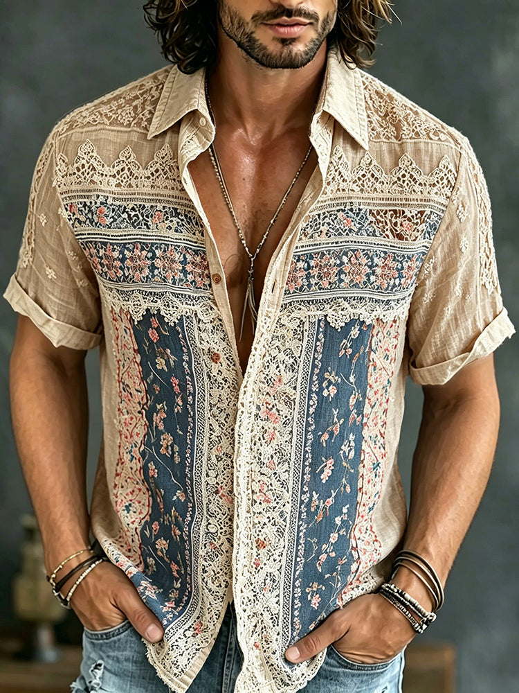 Men's Retro Floral Patchwork Pattern Casual Shirt