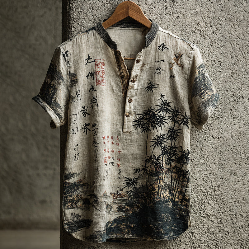 Women's Vintage Bamboo Art Pattern Short Sleeve Linen Blend Shirt