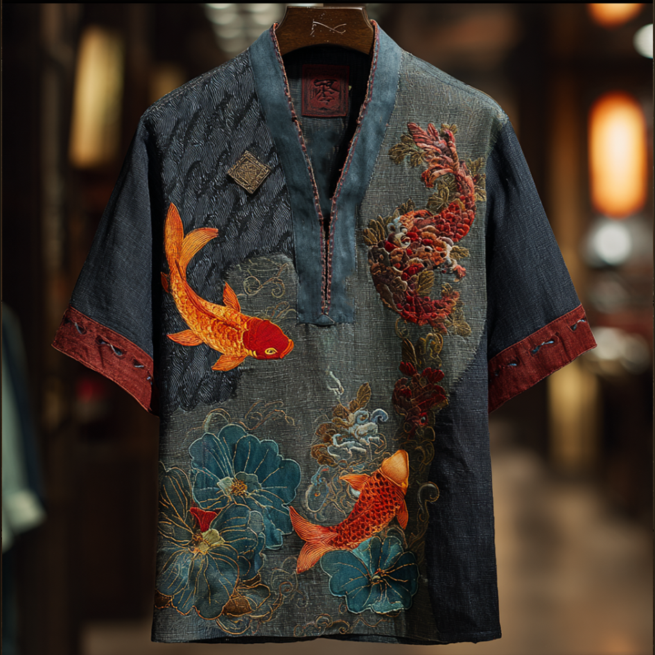 Japanese Art Style Koi Fish Element Men's V-neck Cotton And Linen Top