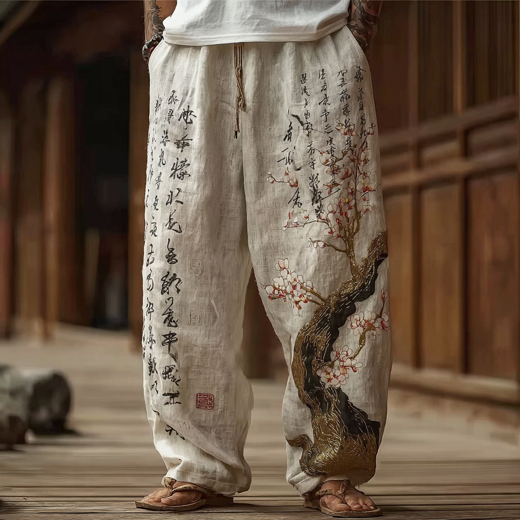Japanese Art Style Sakura And Calligraphy Pattern Leisure Linen Long Pants