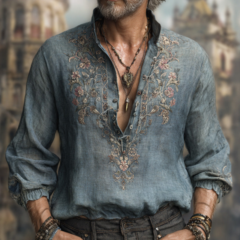 Men's Vintage Floral Embroidered Comfy Linen Shirt
