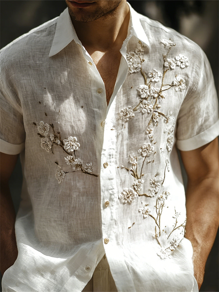 Men's Classy White Almond Blossom Embroidered Linen Shirt