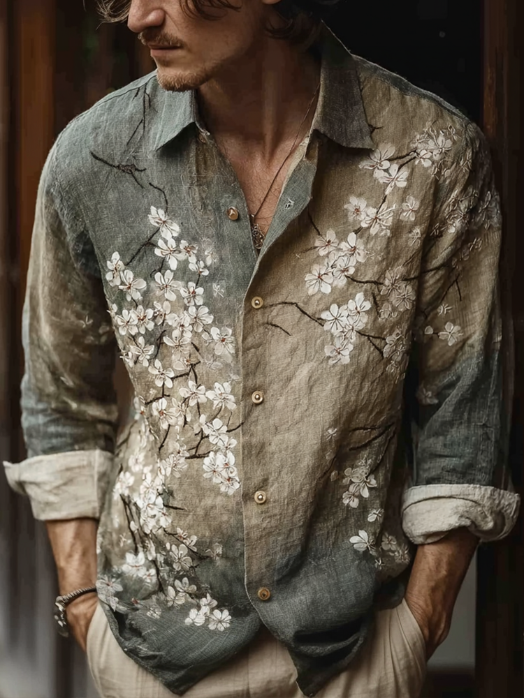 Bohemian Retro Style Floral Print Men's Long-sleeve Shirt