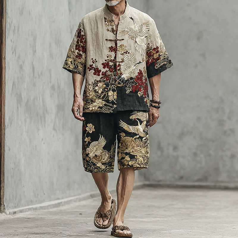 Men's Crane And Cloud Pattern Two-piece Set