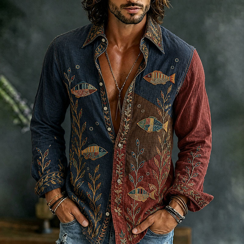Men's Vintage Japanese Fish Art Long Sleeve Linen Blend Shirt