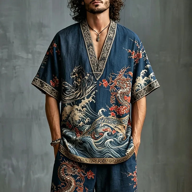 Men's Wave And Plum Blossom Design Cotton Linen V-neck Short-sleeve Shorts Two-piece Set