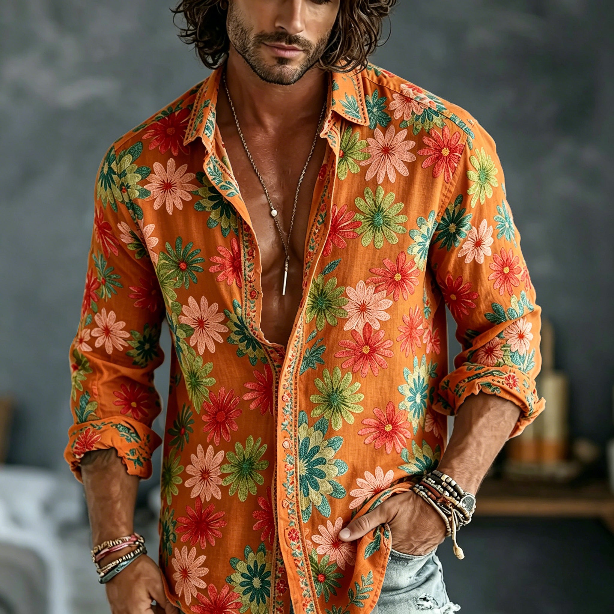 Men's Spring Summer Colorful Floral Embroidered Art Print Flowy Linen Blend Shirt