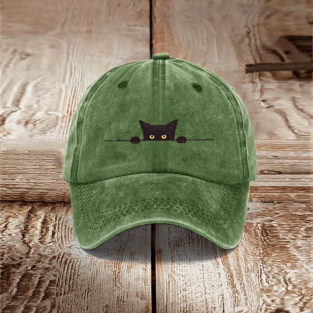 Japanese Art Black Cat Print Washed Hat