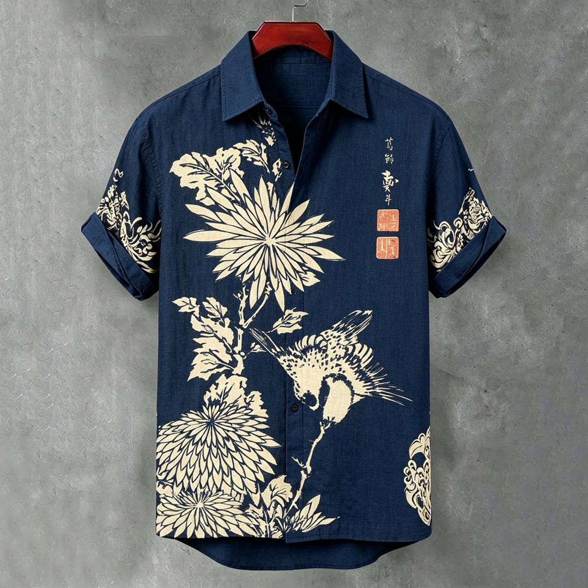 Men's Japanese Art Floral Cotton Linen Short-sleeve Shirt