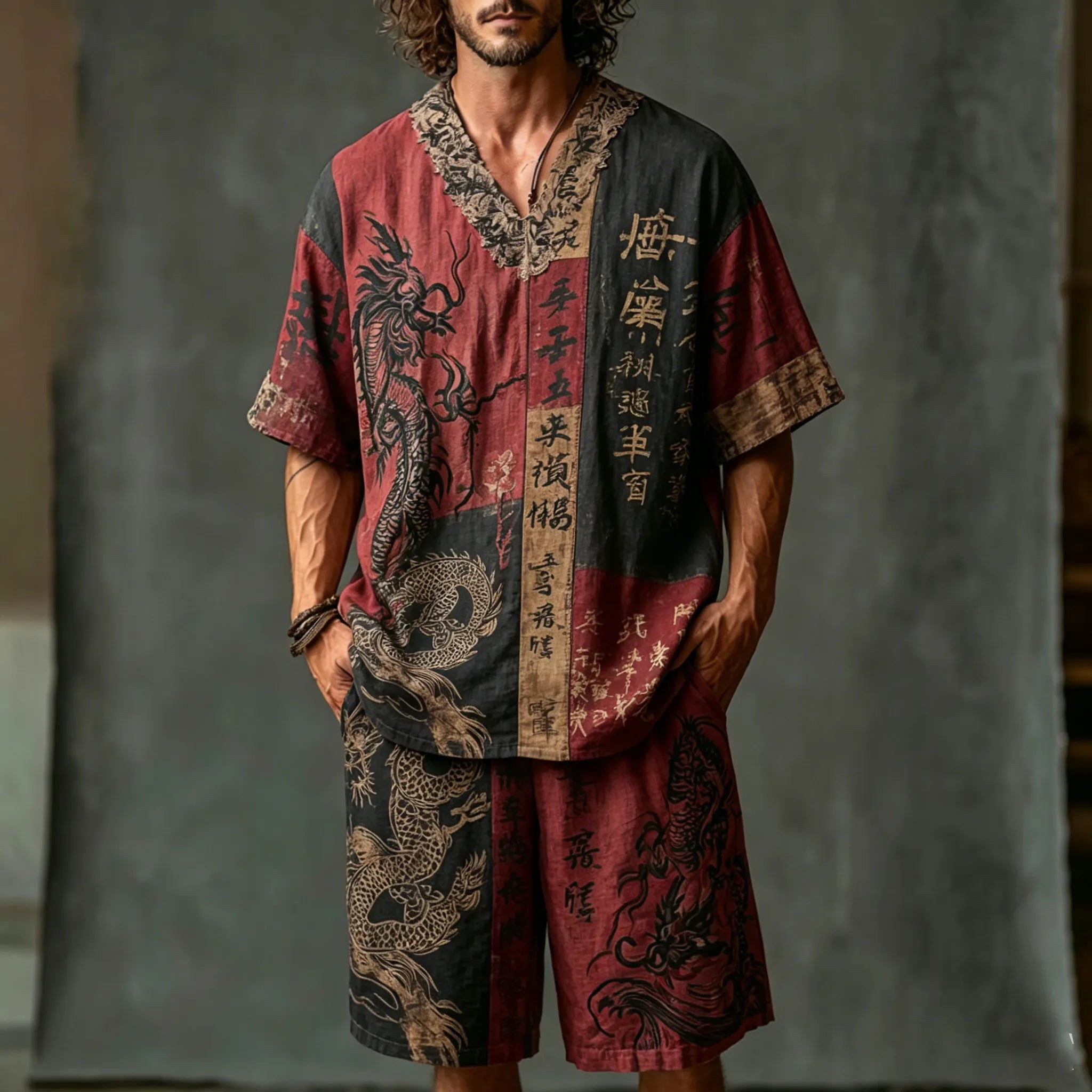 Men's Dragon Letter Color Block Cotton Linen V-neck Short-sleeve Shorts Two-piece Set