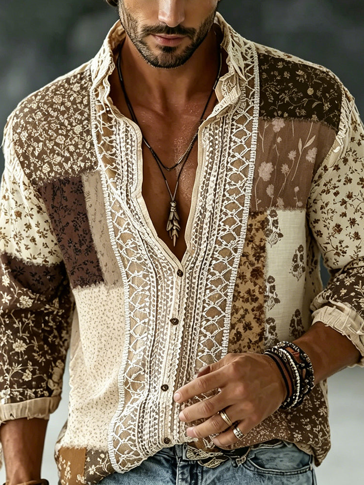 Men's Vintage Floral Patchwork Art Print Flowy Linen Blend Shirt