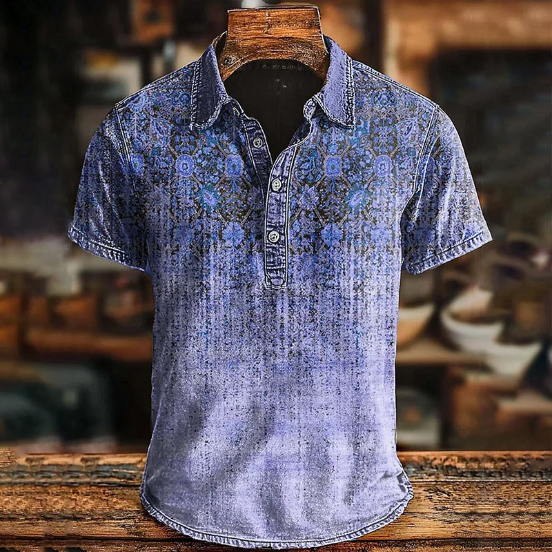 Men's Retro Ethnic Gradient Art Printed Casual Short Sleeve Polo Shirt