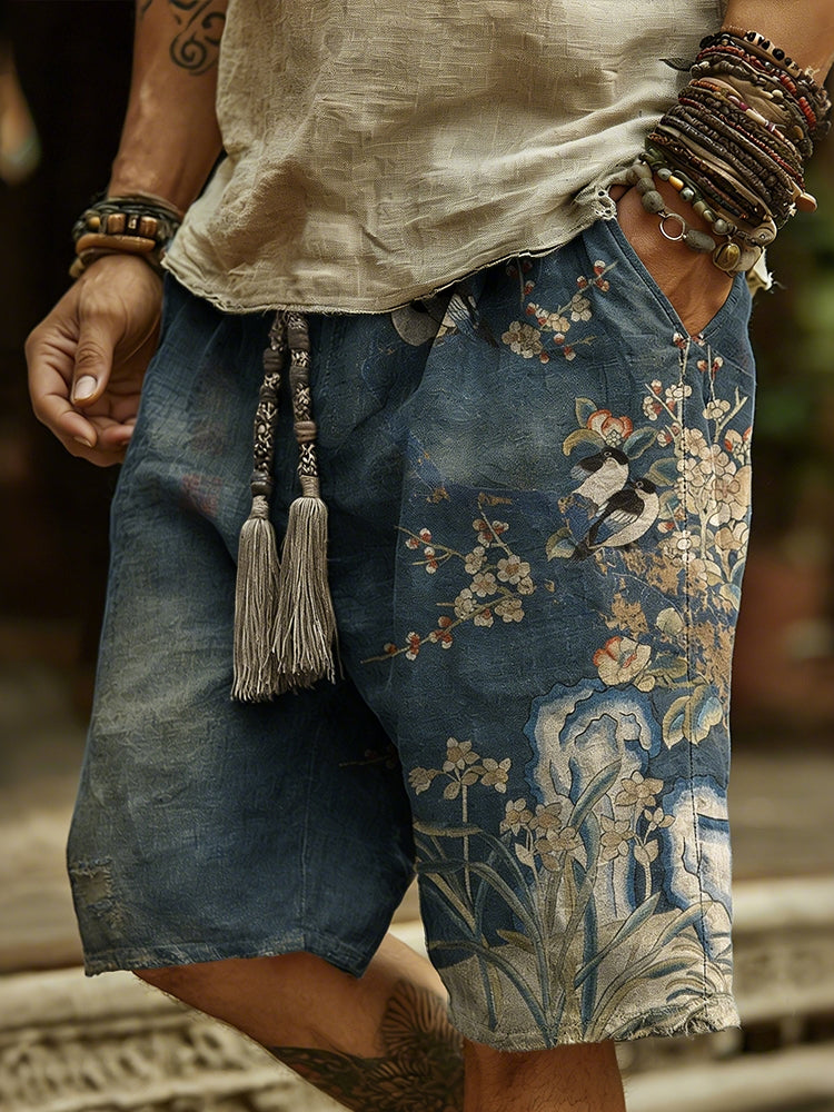 Vintage Japanese-style Floral Pattern Cotton-linen Casual Shorts