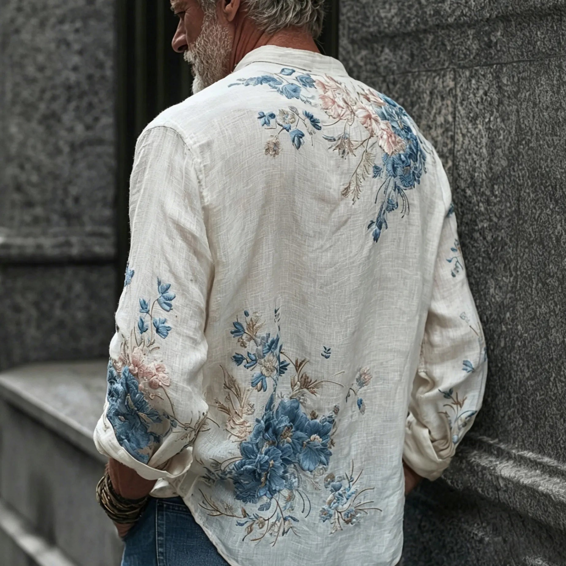 Men's Retro Floral Art Embroidery Linen Blend Casual Shirt