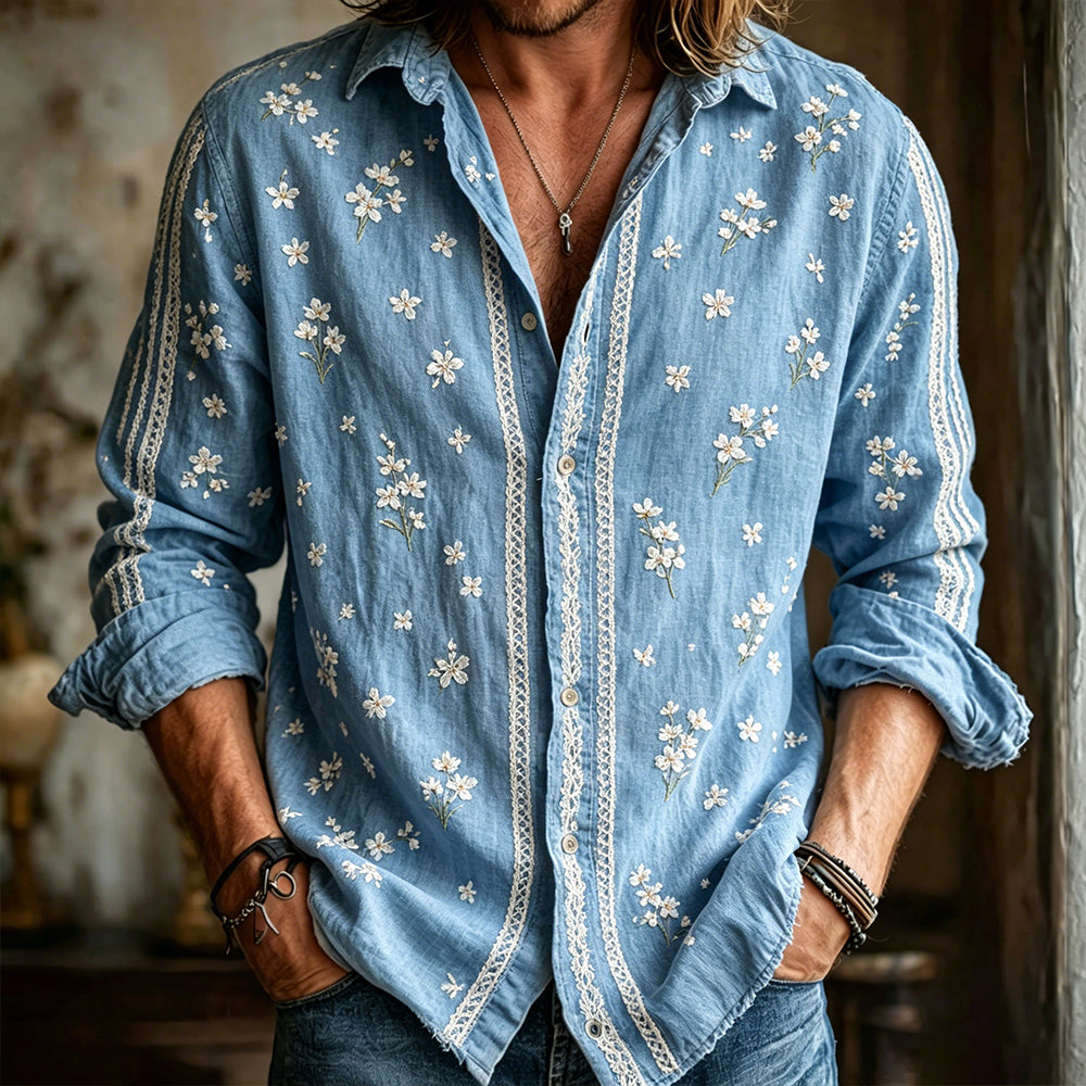 Vintage White Cherry Blossom And Lace Embroidery Casual Shirt