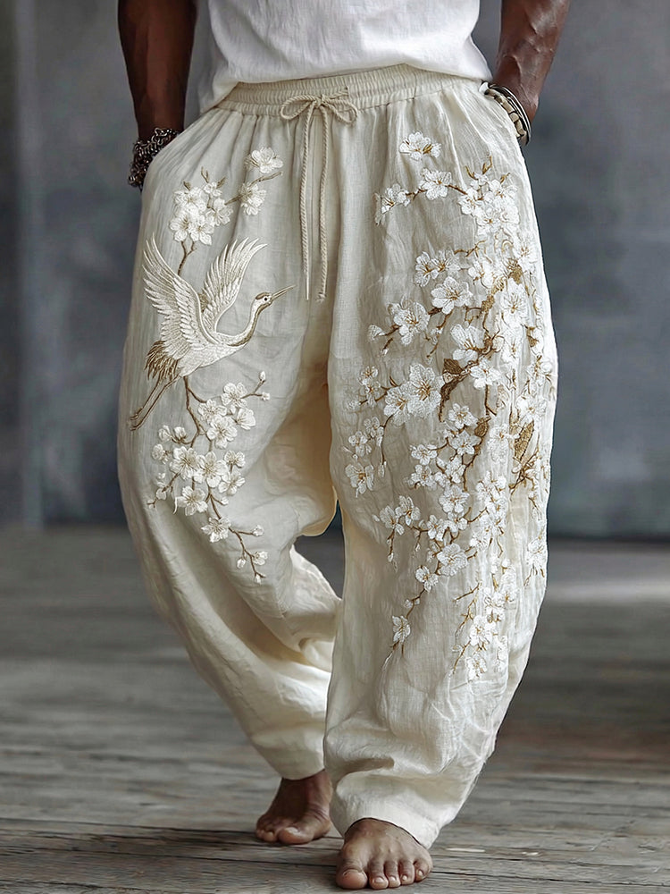 Men's Japanese Style White Almond Blossom And Cranes Art Cotton Linen Vintage Pants