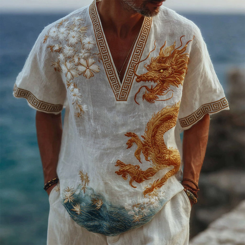 Men's Vintage Dragon & Floral Art Casual Linen V-neck T-shirt