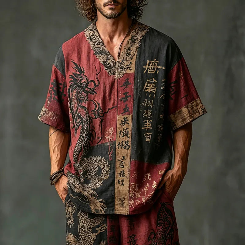 Men's Dragon Letter Color Block Cotton Linen V-neck Short-sleeve Shorts Two-piece Set
