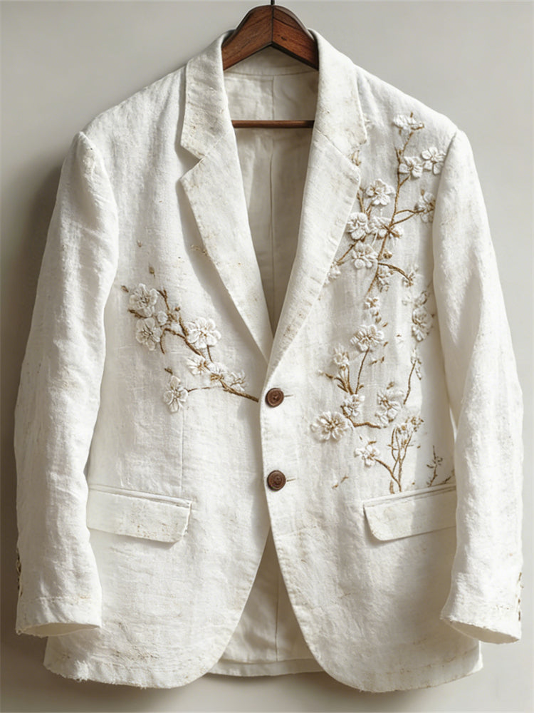 Men's Japanese Almond Blossom Art Vintage Linen Blazer