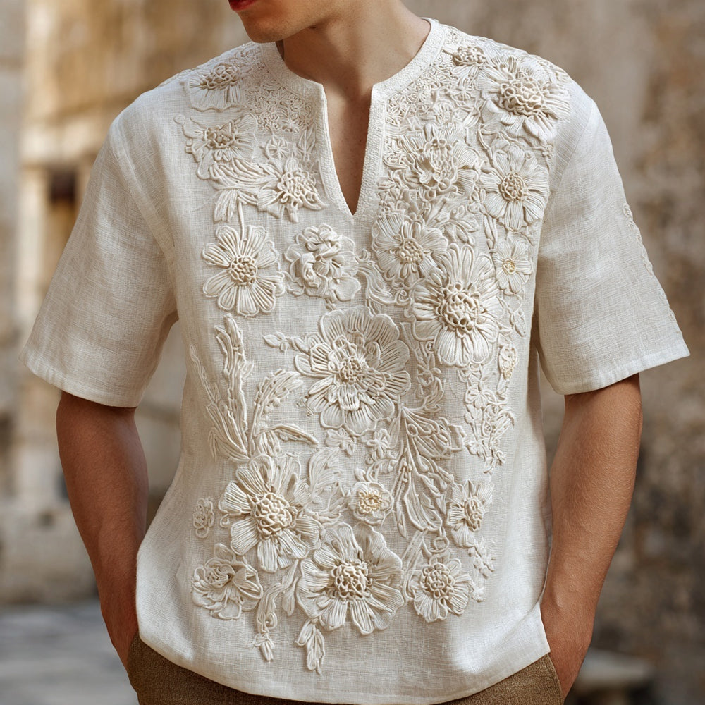 Men's Vintage Floral Lace Embroidered Linen Shirt