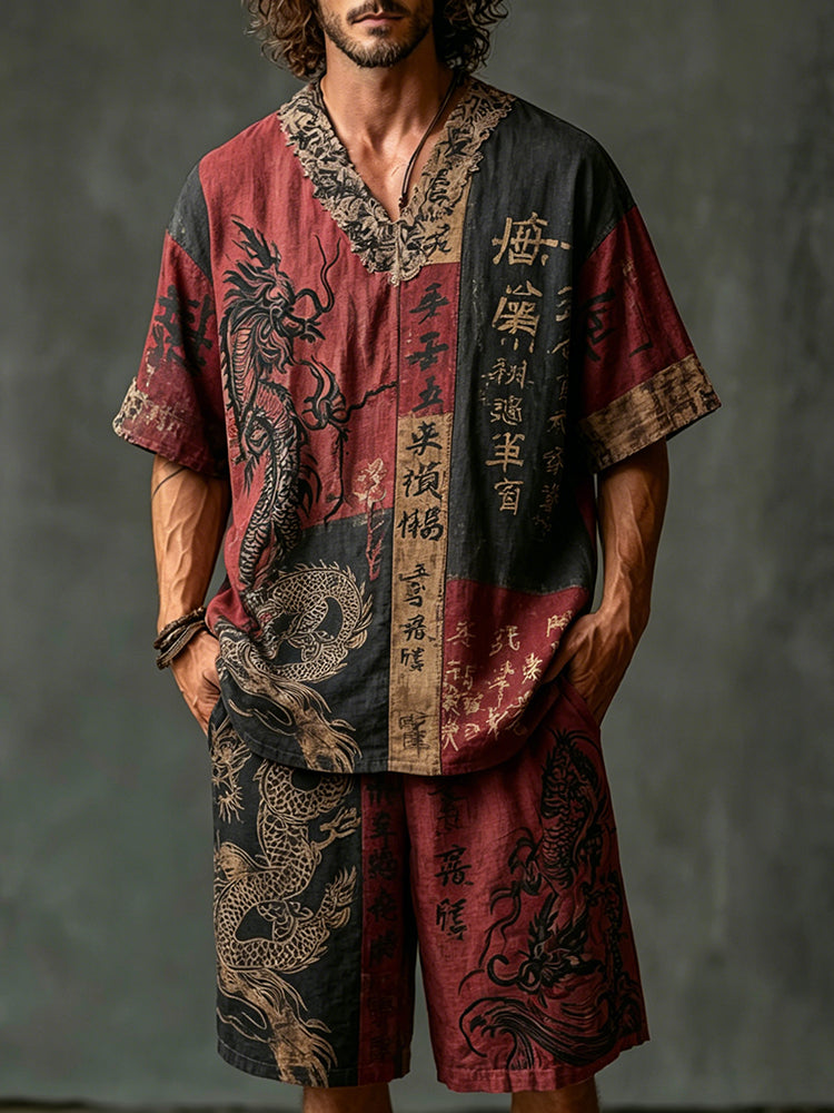 Men's Dragon Letter Color Block Cotton Linen V-neck Short-sleeve Shorts Two-piece Set