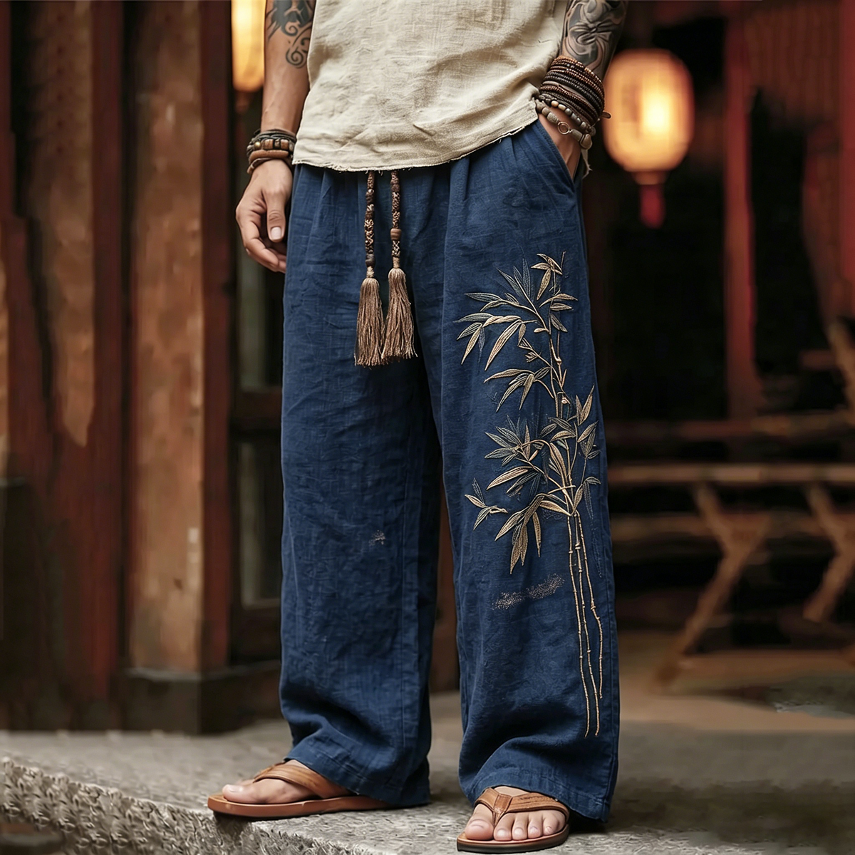 Men's Vintage Japanese Bamboo Embroidery Art Linen Blend Pants
