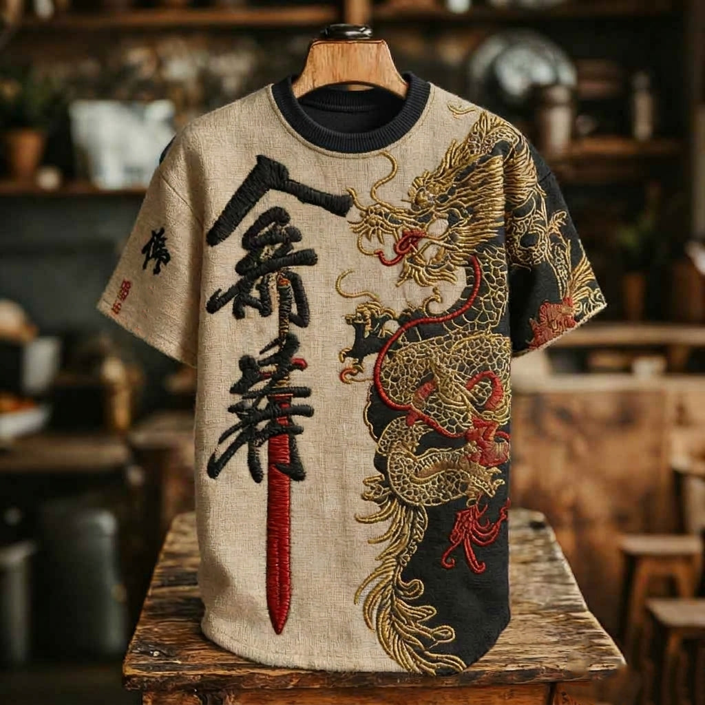 Men's Japanese Dragon And Sword Pattern Linen Blend T-shirt