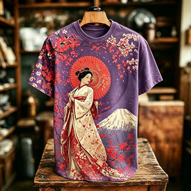 Men's Retro Japanese Geisha Cherry Blossom And Mount Fuji Pattern Crew Neck T-shirt