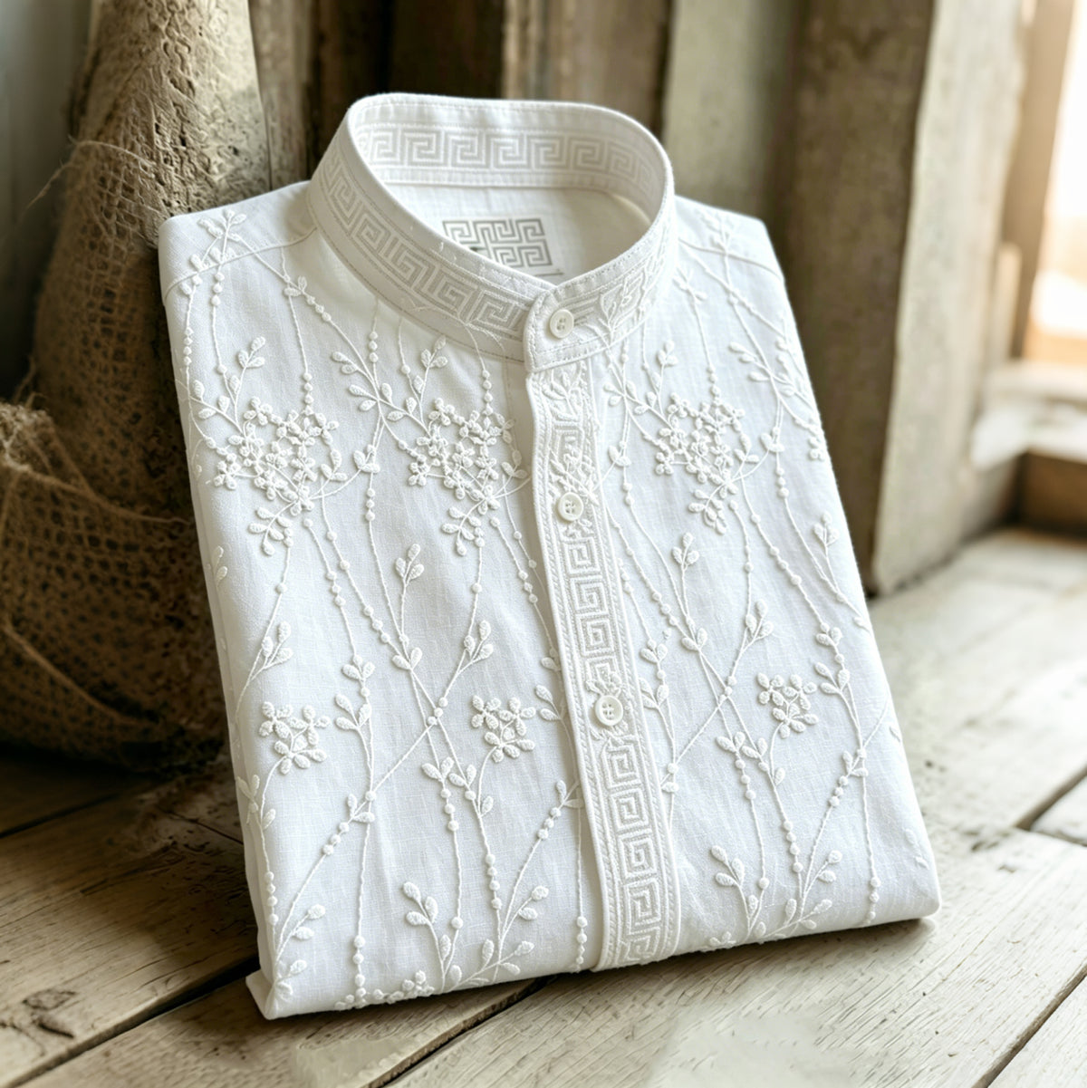 Retro Floral Pattern Casual Linen Blend Shirt