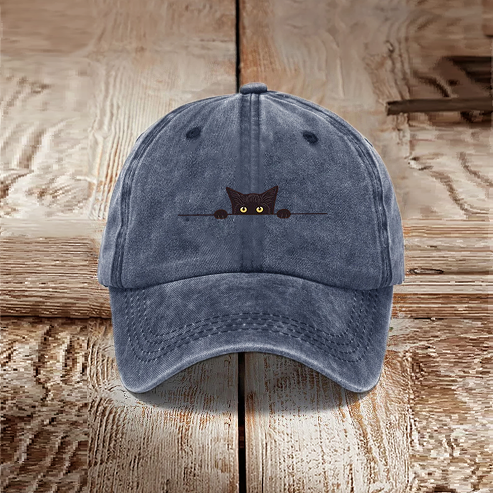 Japanese Art Black Cat Print Washed Hat