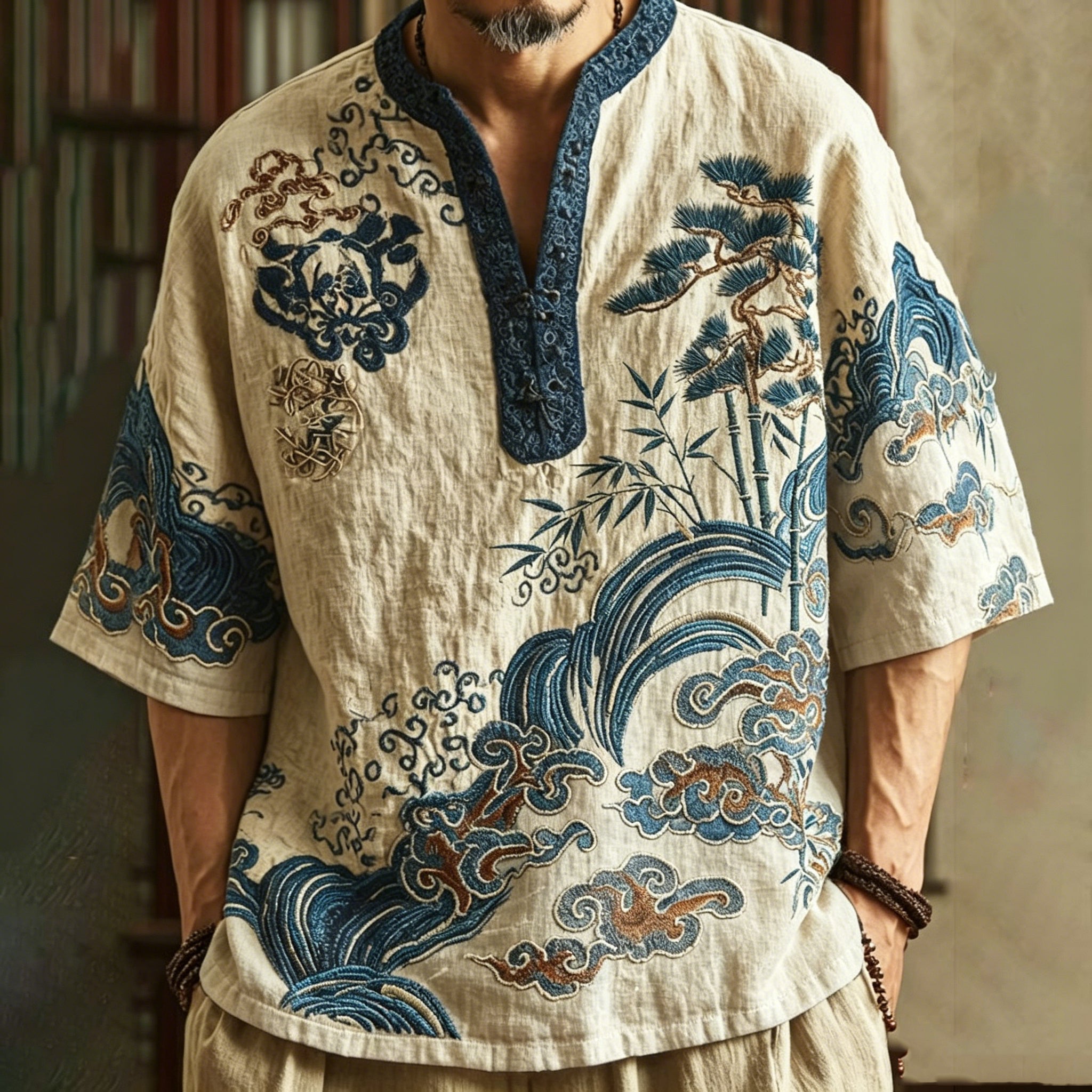 Men's Japanese Bamboo Floral Wave Design Short-sleeved Top