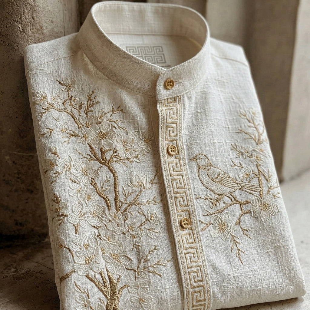 Retro Cherry Blossom And Bird Pattern Short-sleeve Shirt
