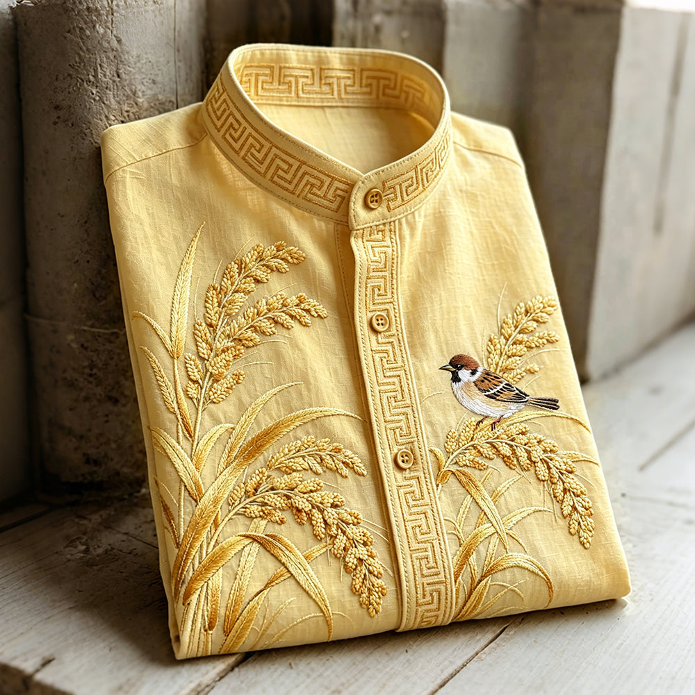 Vintage Wheat And Bird Embroidery Art Comfy Linen Shirt