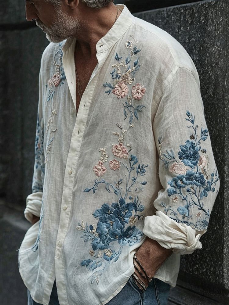 Men's Retro Floral Art Embroidery Cotton Linen Casual Long-sleeved Shirt