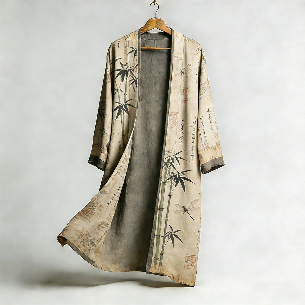 Men's Retro Bamboo Art Dragonfly Linen Long Kimono