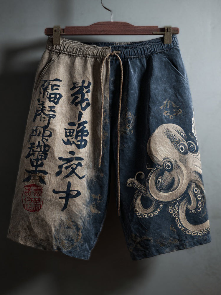 Retro Japanese Calligraphy And Octopus Art Pattern Casual Linen Shorts