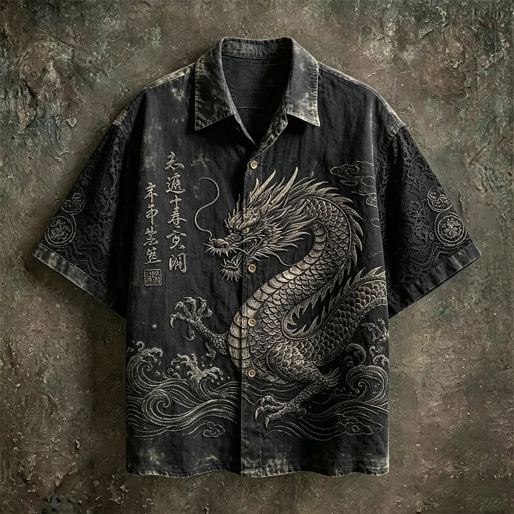 Men's Japanese Dragon Totem Art Tie-dye Cotton And Linen Lapel Short Sleeve Shirt